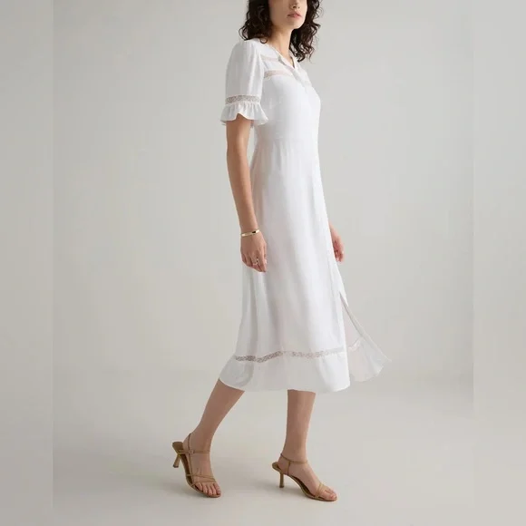 QUINCE NWT Lightweight Crepe Lace Inset Midi Dress -white -large - Picture 1 of 10